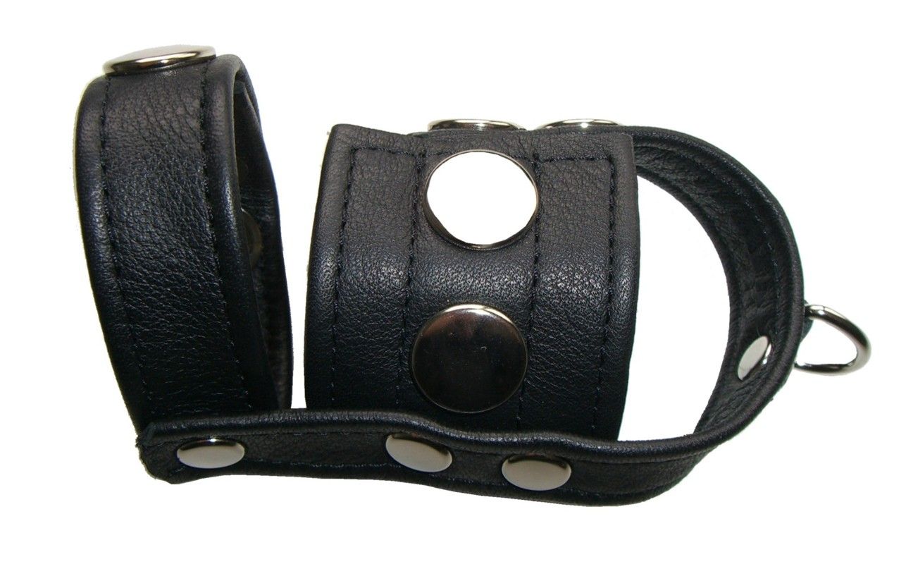 BDSM Penis- und Hodenband aus Leder mit integriertem Hodenteiler und stabilem Metallring