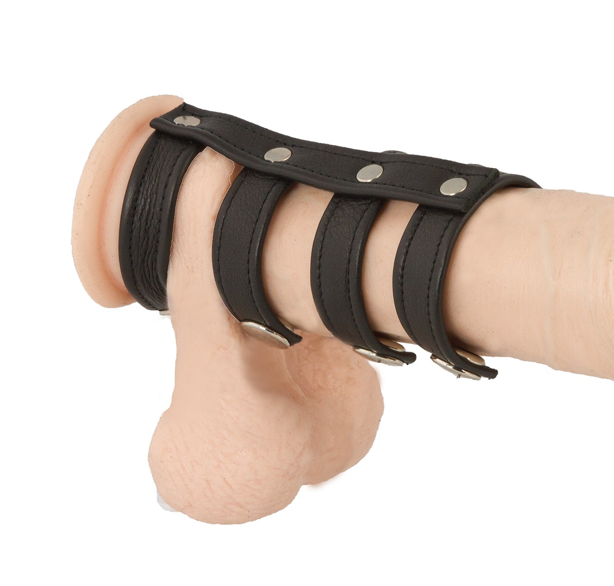 Genitalgeschirr Leder schwarz mit drei Penisbändern und einem Hodenband