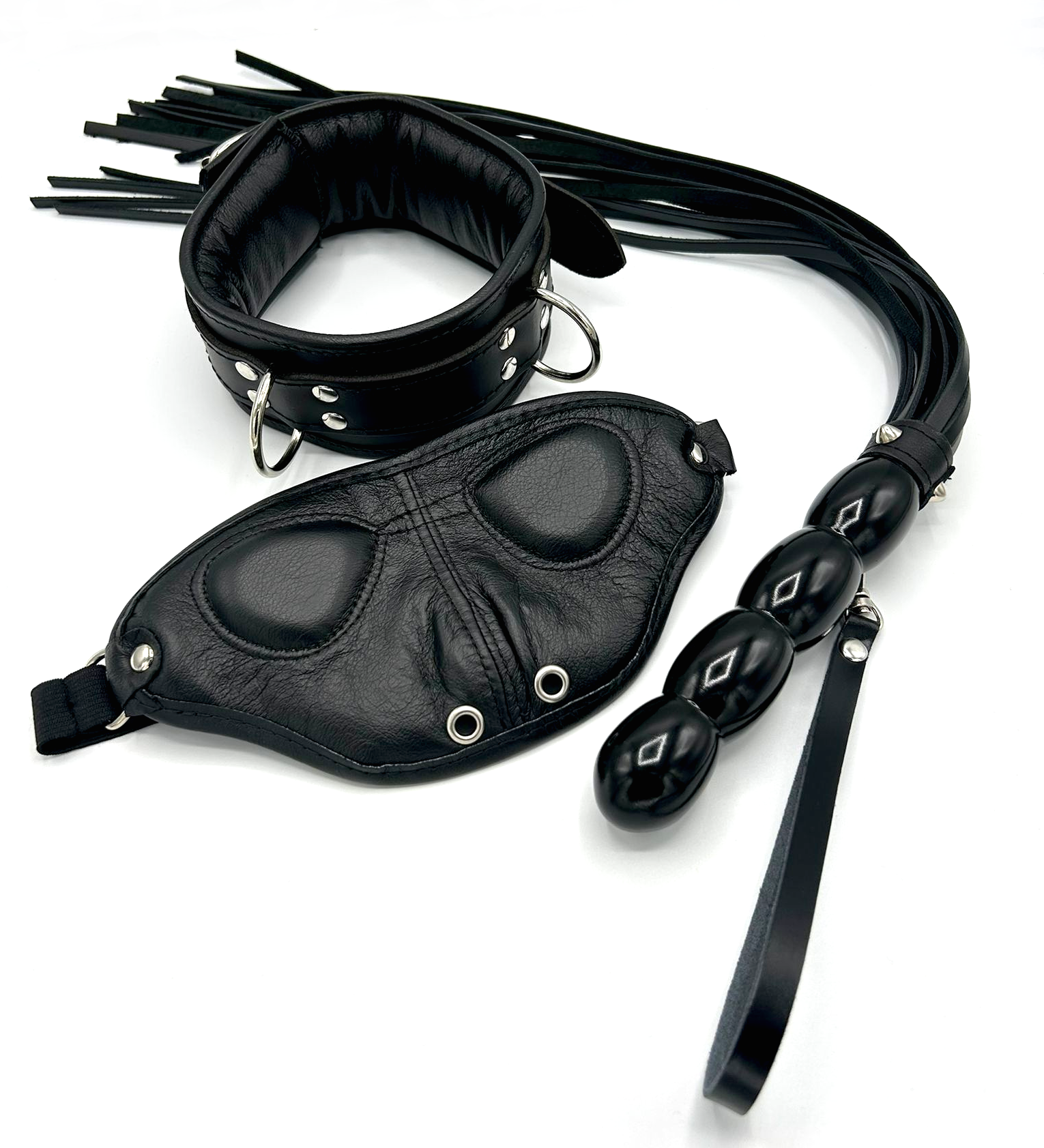 Exklusives BDSM-Set aus Leder mit Halsband, Augenmaske und Peitsche – hochwertig handgefertigt Made in Germany
