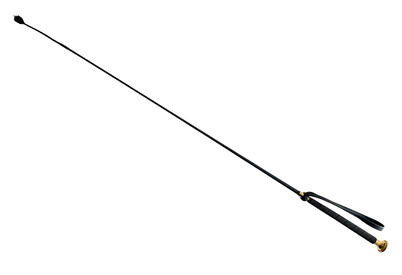 Schwarze Gerte mit 65 cm Länge, Echtleder-Klatsche und flexiblem Fiberglaskern, Griff mit funkelnden Glitzersteinen für elegantes Design.