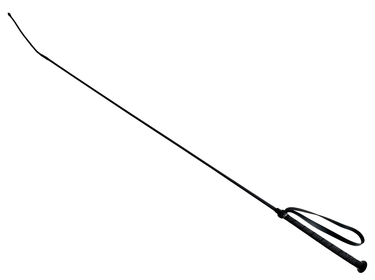 Schwarze Reitgerte mit feinem Bändsel, ca. 91 cm lang, flexiblem Schaft und griffigem, strukturiertem Griff mit Handschlaufe für präzise Impulse.