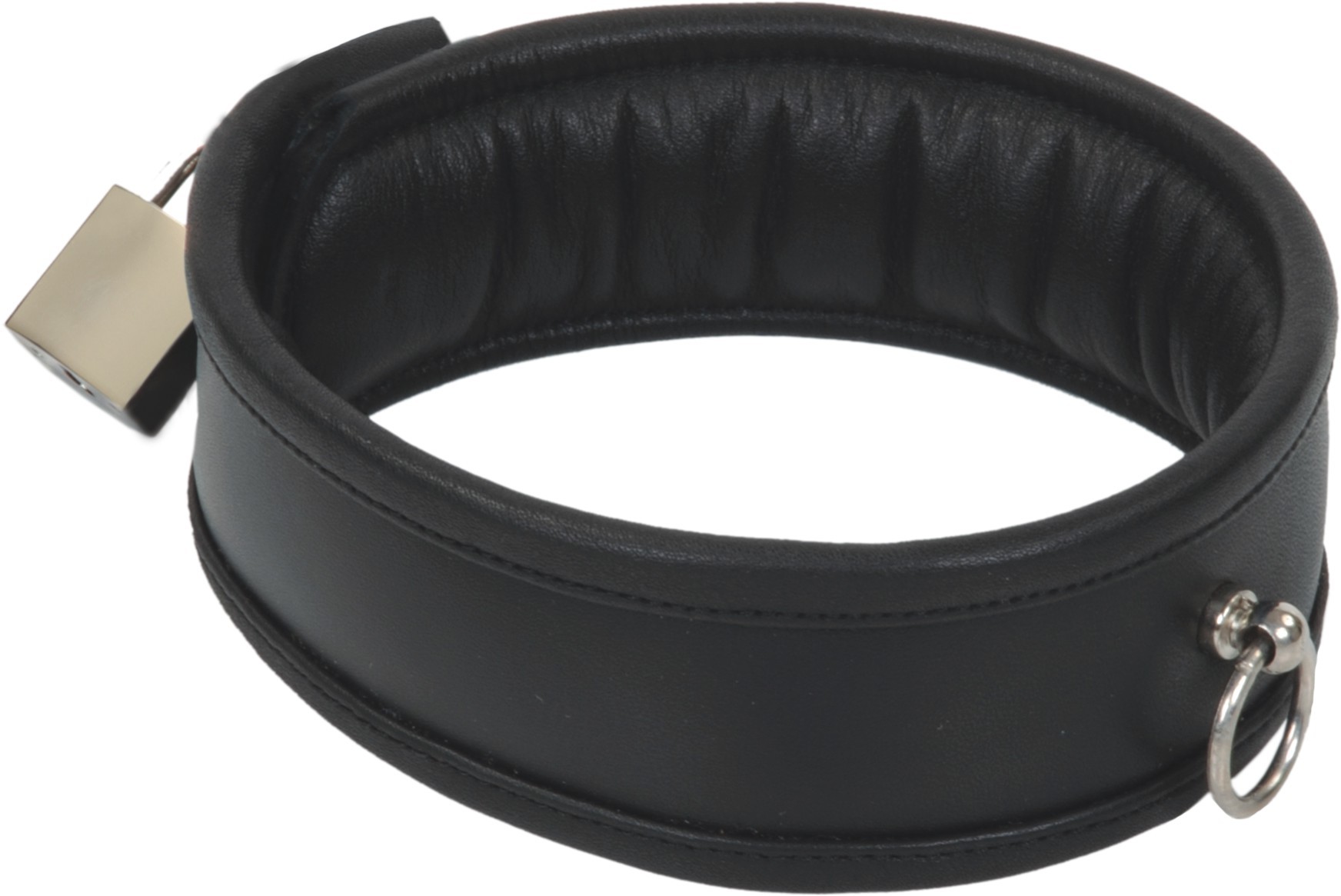 Abschließbares gepolstertes Lederhalsband in Schwarz mit Ring der O und Vorhängeschloss