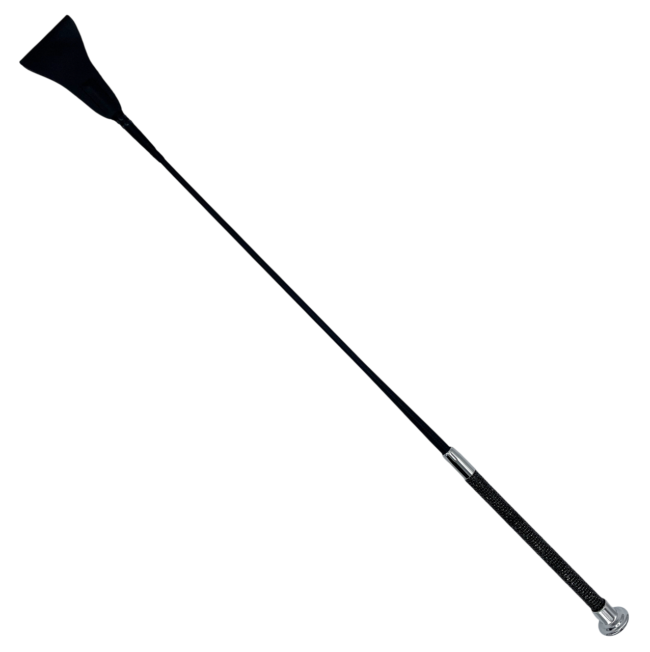 erte mit ca. 65 cm Länge, Echtleder-Klatsche, flexiblem Fiberglaskern und Griff mit schwarzen Glitzersteinen, silberner Knauf als Abschluss.