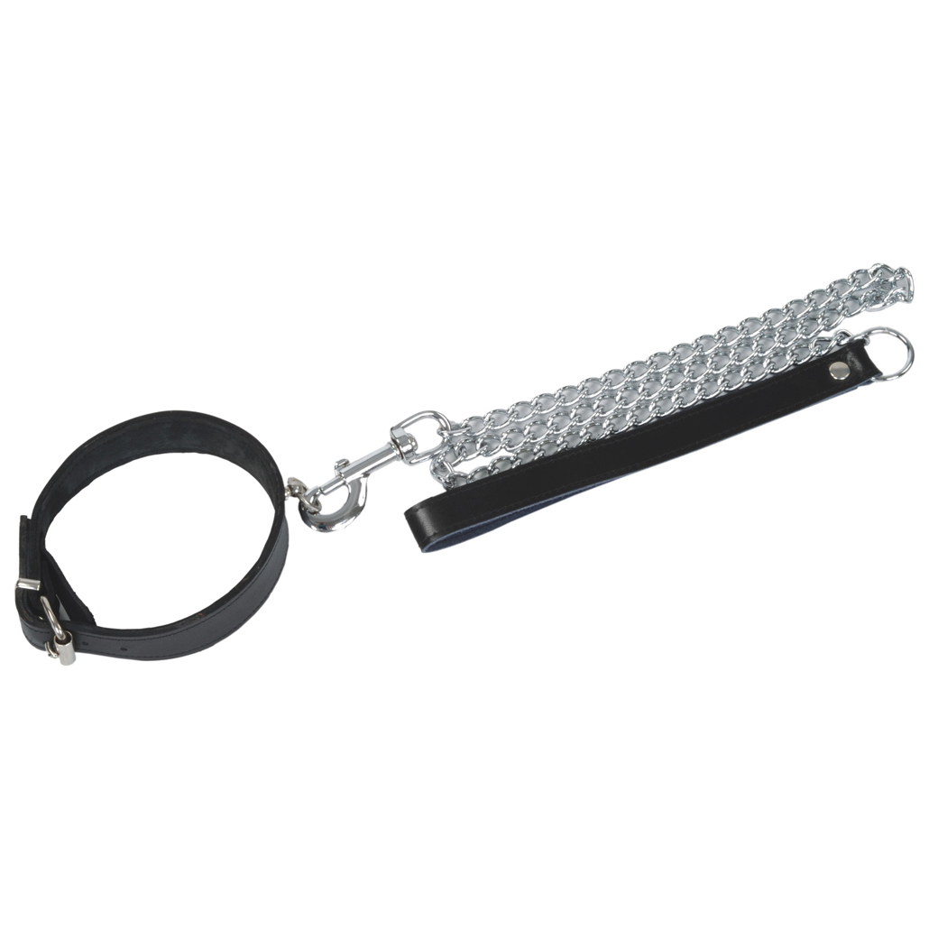 Schwarzes Lederhalsband mit silberner Metallkette und Handschlaufe – BDSM Führungsleine