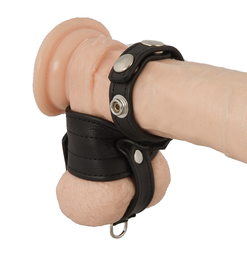Penisband mit Cockband und Hodenteiler aus schwarzem Leder, mit Druckknöpfen verstellbar