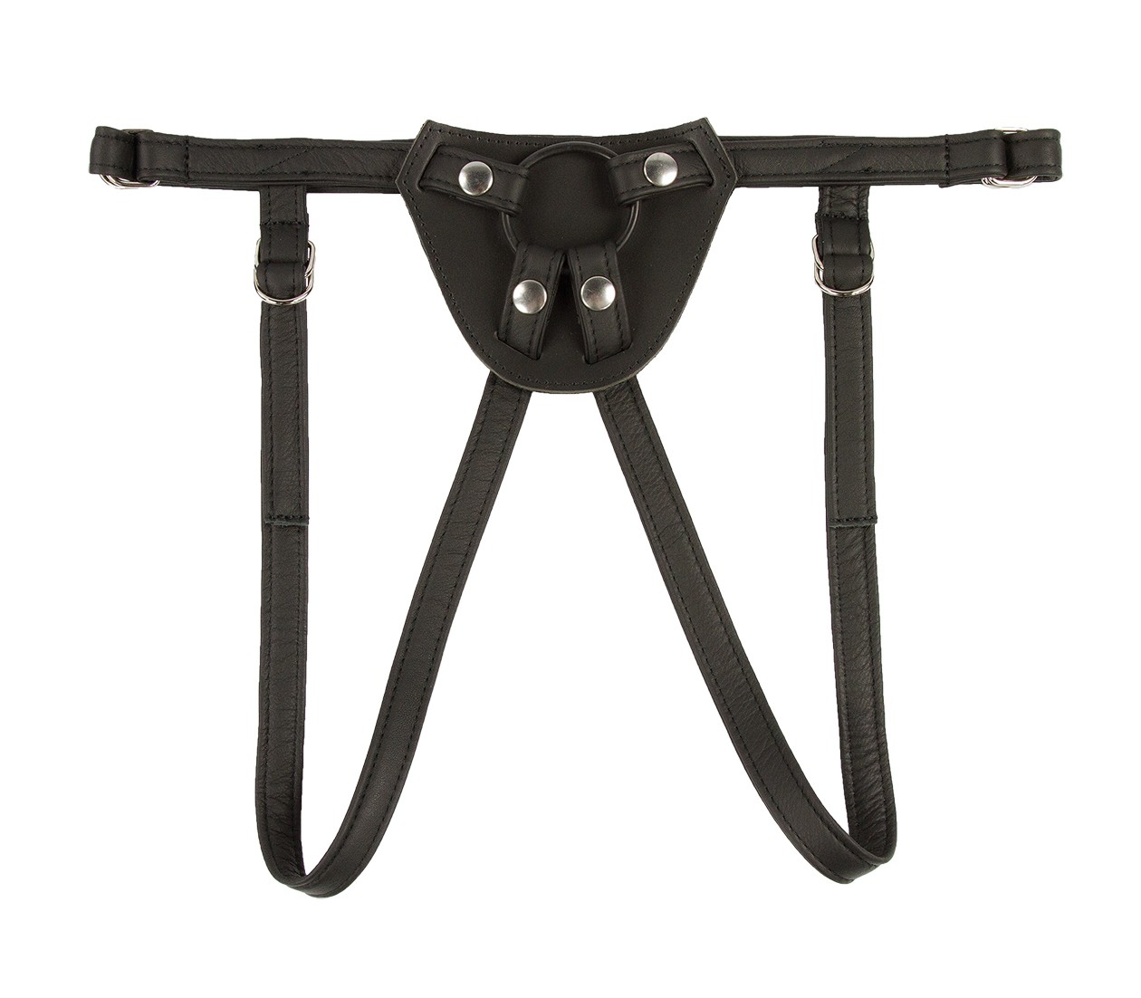 Schwarzer Dildo-Harness Strap-on aus Rindsleder mit gepolsterter Bauchplatte ohne Nieten, verstellbaren Beinschlaufen und 50 mm Ring, in Universalgröße bis ca. 110 cm Hüftumfang.