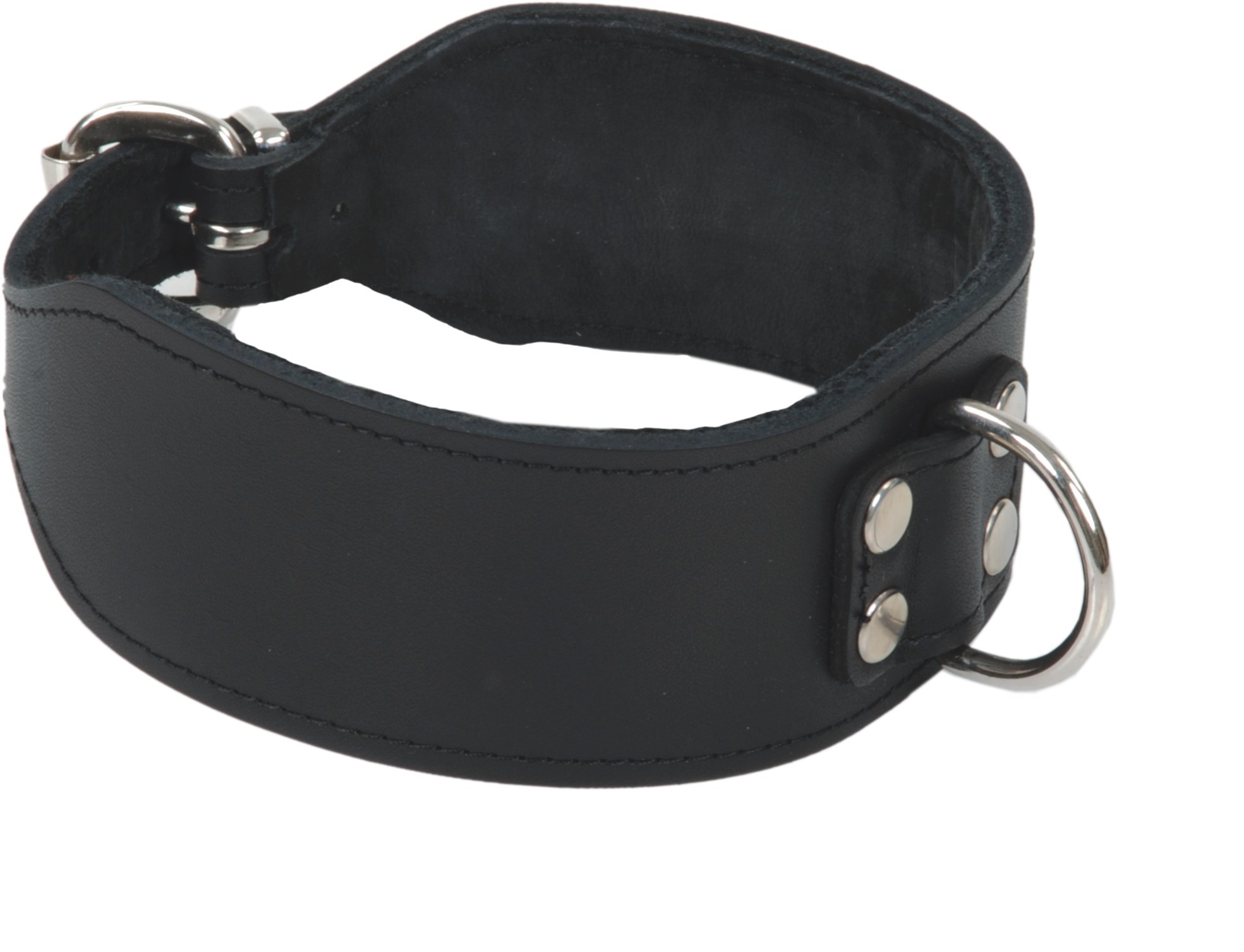 Breites schwarzes Lederhalsband mit stabilem Halbring – innen weich gefüttert und größenverstellbar
