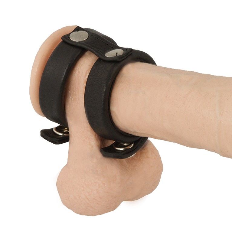 Penis- und Hodenband aus schwarzem Leder mit Innen-Dornen und Druckknopfverschluss