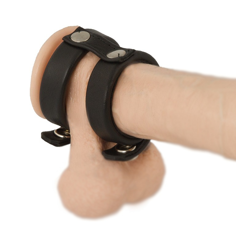 Penis- und Hodenband aus schwarzem Rindsleder mit zwei verstellbaren Druckknopfriemen für optimale Fixierung