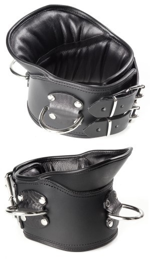 Schwarze gepolsterte Leder-Halskrause mit drei D-Ringen und doppeltem Schnallenverschluss