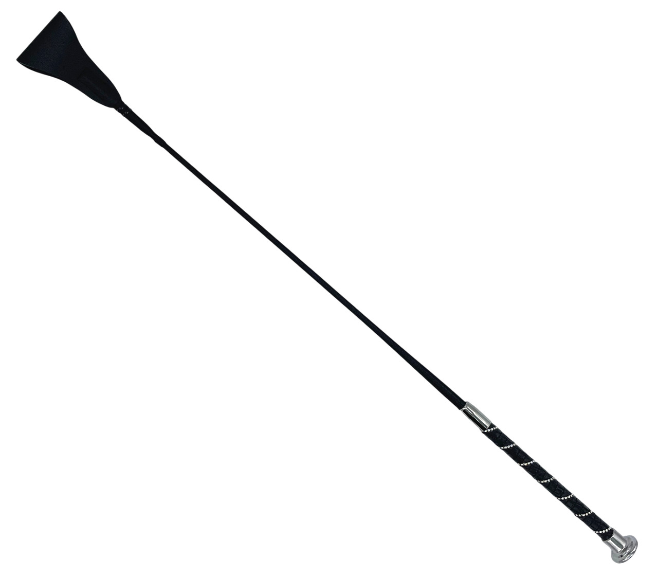 Schwarze Gerte mit 65 cm Länge, Echtleder-Klatsche und flexiblem Fiberglaskern, Griff mit funkelnden Glitzersteinen für elegantes Design.