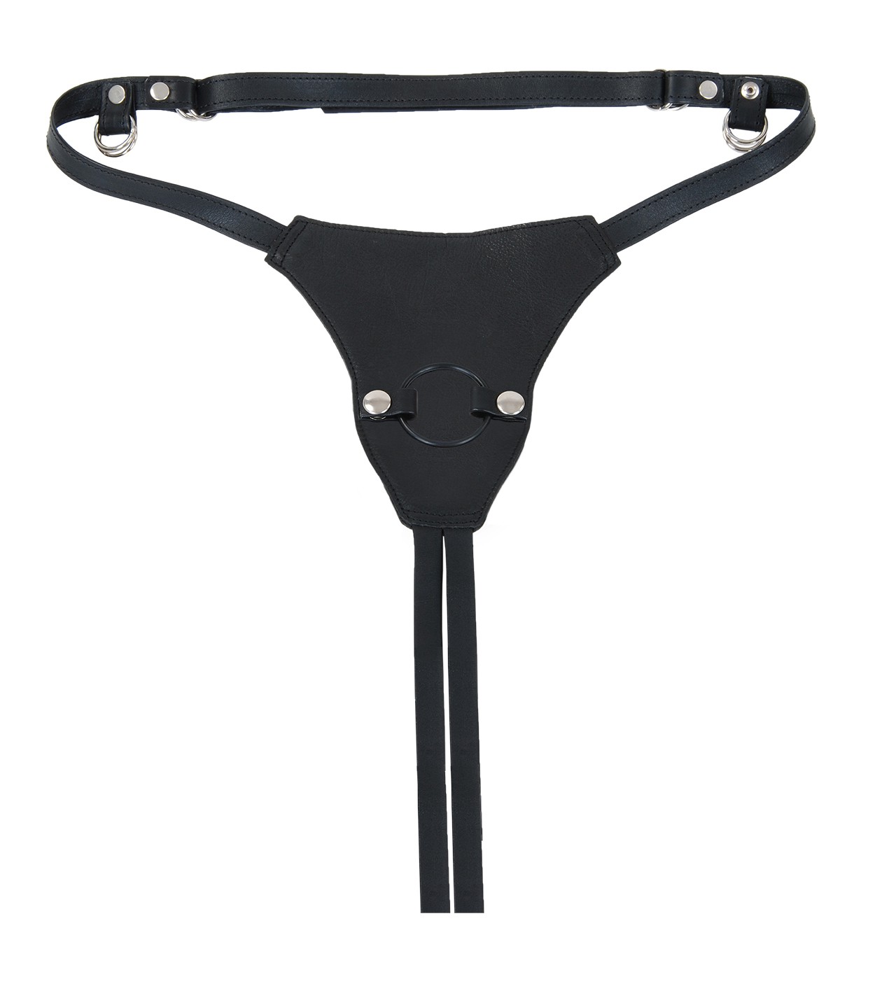 Schwarzes Damen-Harness Strap-on aus Lederimitat mit verstellbaren Hüft- und Schrittriemen, bis ca. 114 cm Hüftumfang, mit auswechselbarem Gummiring für Dildos und Aufsätze.