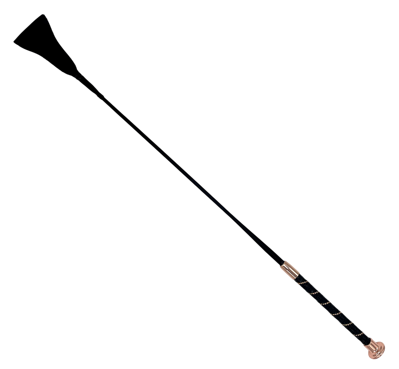 Schwarze Gerte mit ca. 65 cm Länge, Echtleder-Klatsche und edlen Roségold-Beschlägen am Griff, elegantes Design für gezielte Anwendungen.