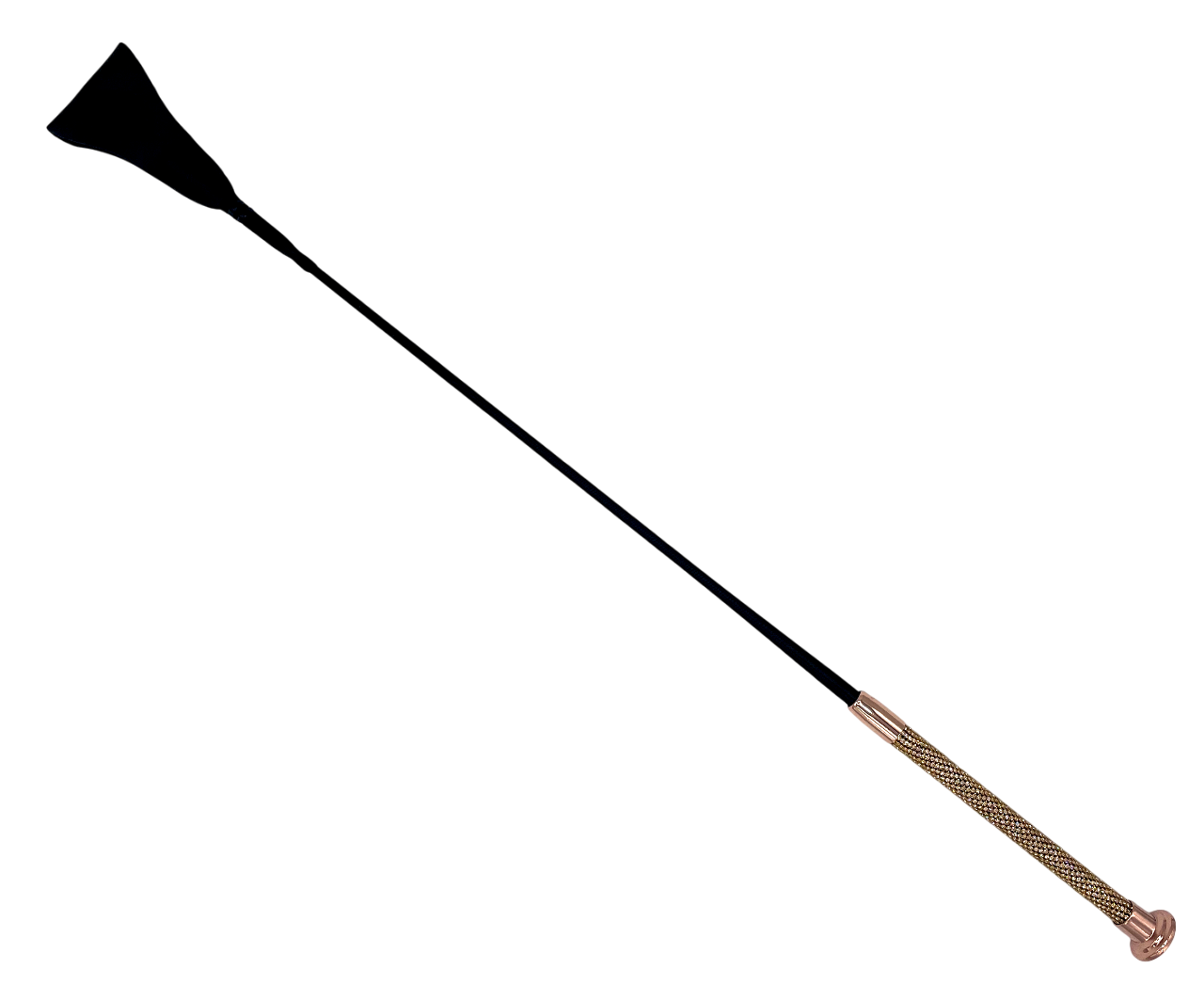 Schwarze Gerte mit Echtleder-Klatsche, ca. 65 cm lang, stabiler Fiberglaskern und edler Griff mit rosegoldenen Elementen und funkelnden Details.