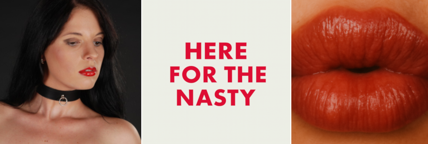 Erotisches Banner mit Frau im Halsband, roten Lippen und Schriftzug Here for the Nasty – BDSM Lifestyle