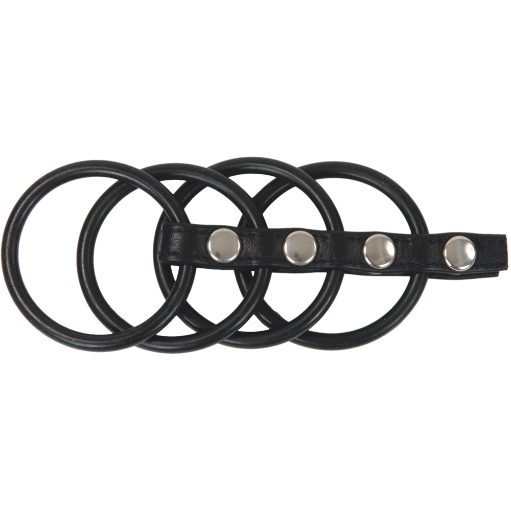 Schwarze Leder-Penismanschette mit Hoden- und Penisringen für extreme Erektionen