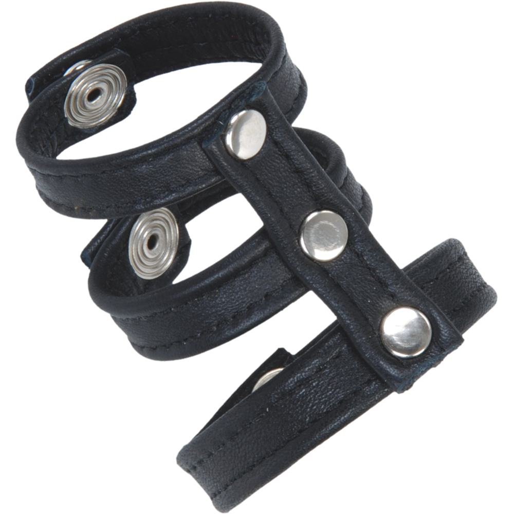 Alt-Text: Schwarzes Cockgeschirr mit 3 Bändern aus Rindsleder und Druckknöpfen