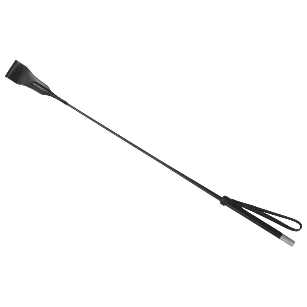 Schwarze Gerte mit 70 cm langem Fiberglasstiel, Ledergriff mit Metallkappe und Klatsche aus Rindsleder, langlebig und ideal für klare Impulse.