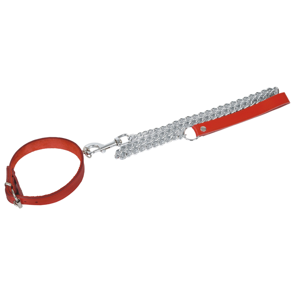 Rotes Lederhalsband mit silberner Metallkette und Handschlaufe – BDSM Führungsleine