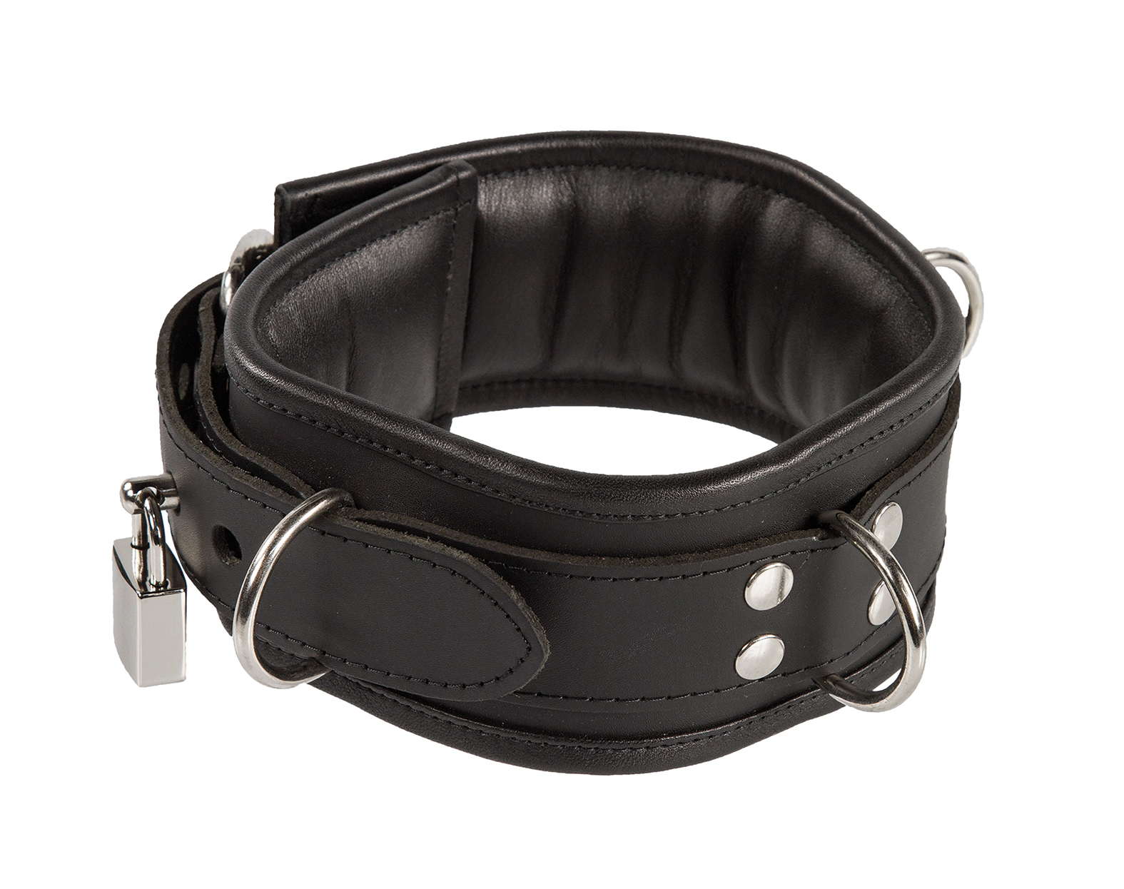 Abschließbares BDSM-Halsband aus schwarzem Leder mit Polsterung und drei D-Ringen – inklusive Schloss
